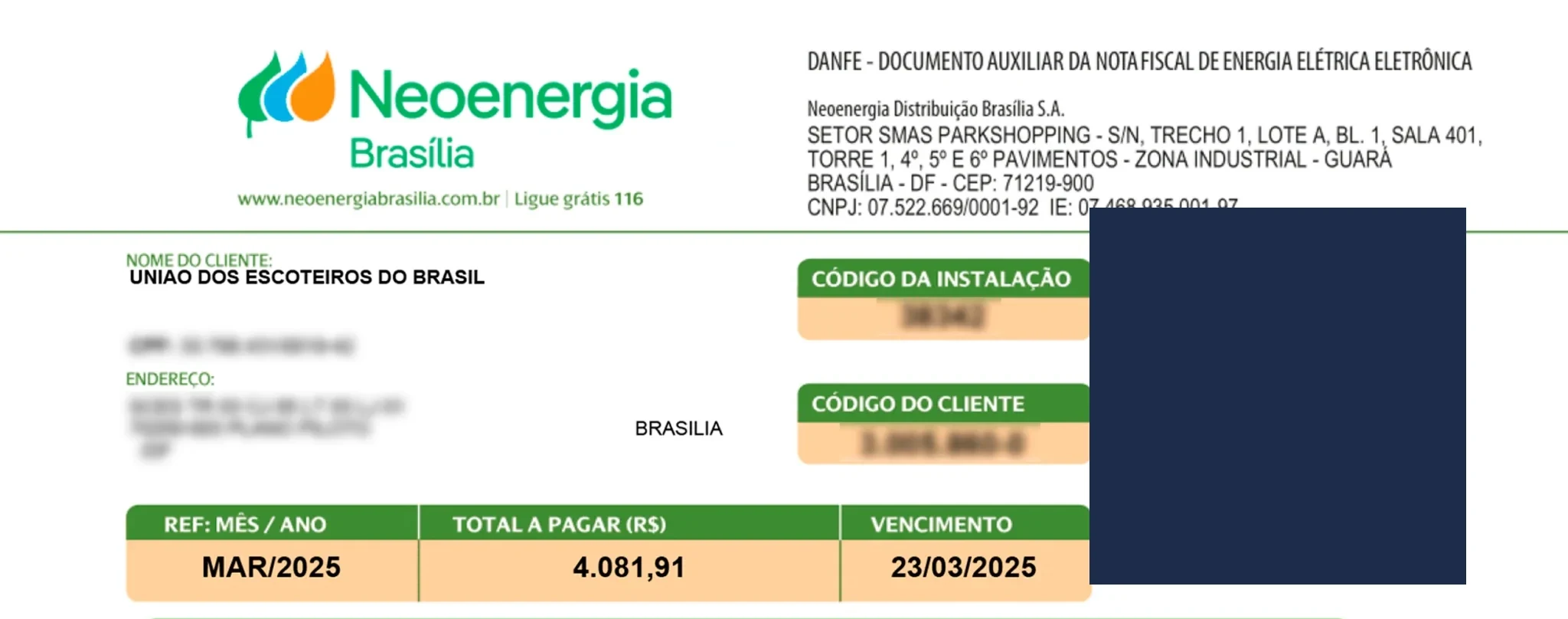Fatura de energia da Neoenergia Brasília de março de 2025, antes da instalação, no valor de R$ 4.081,91
